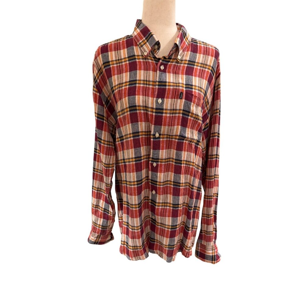 Barbour Tailored Fit Plaid Button-Down‎ Shirt Burgundy Blue Yellow Men’s Size L